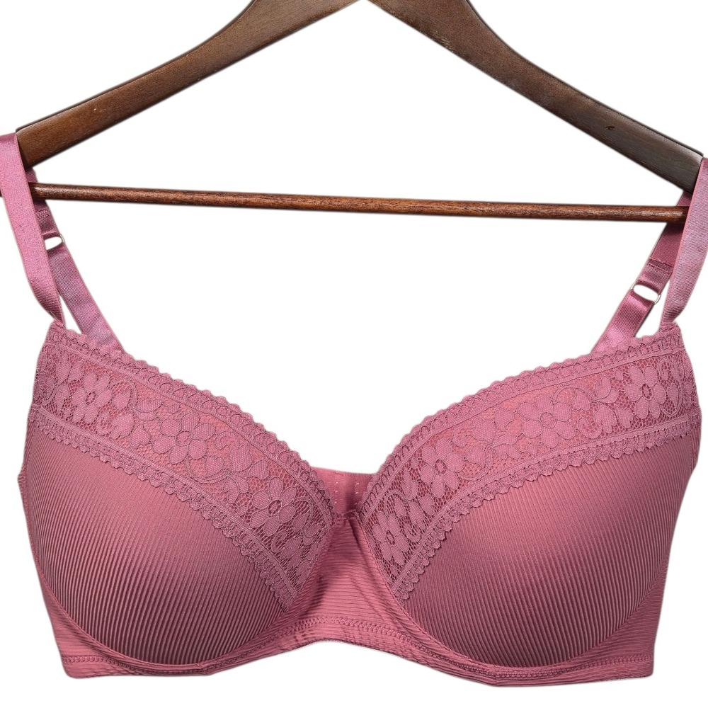 Jessica Simpson Pink Ribbed Lace Trim Plunge T-Shirt Bra 42D